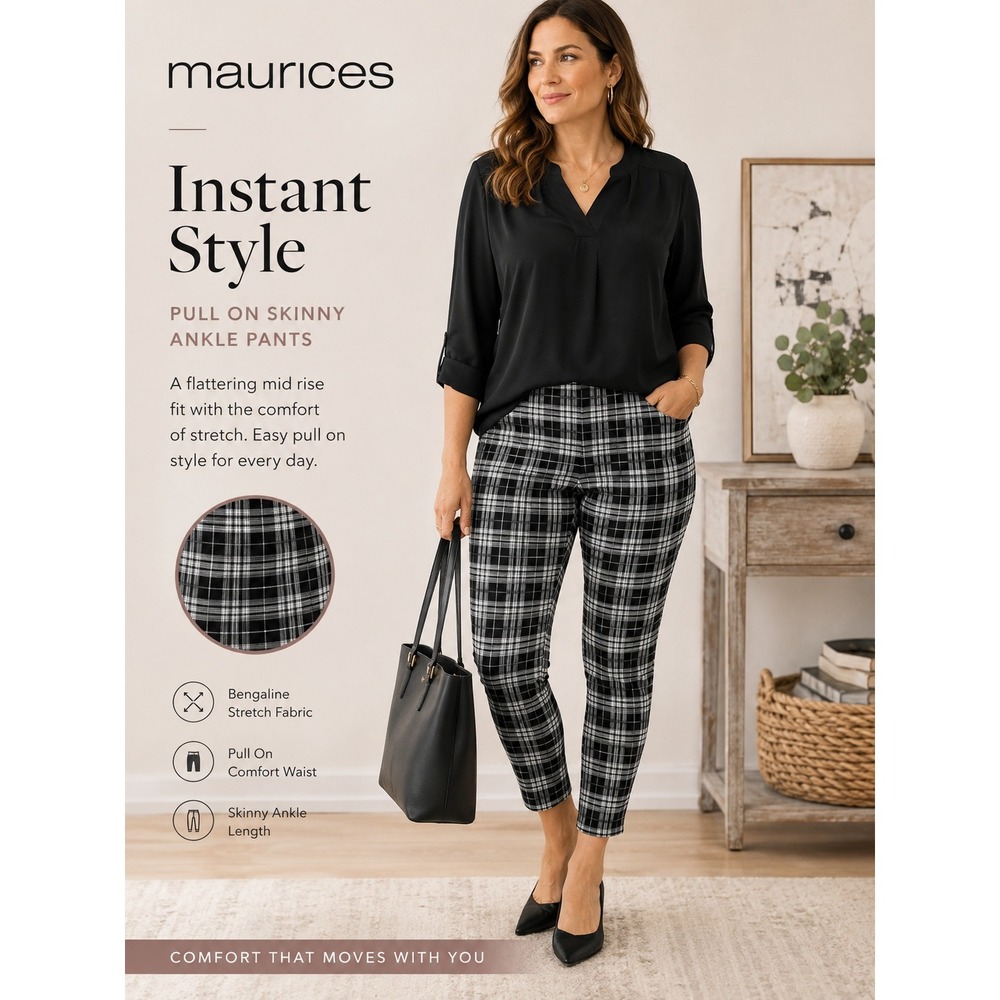 NEW Maurices 24W Pull On Skinny Ankle Bengaline Pants Black White Plaid Mid Rise
